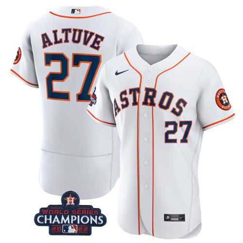 Mens Houston Astros #27 Jose Altuve White 2022 World Series Champions Flex Base Stitched Baseball Jersey